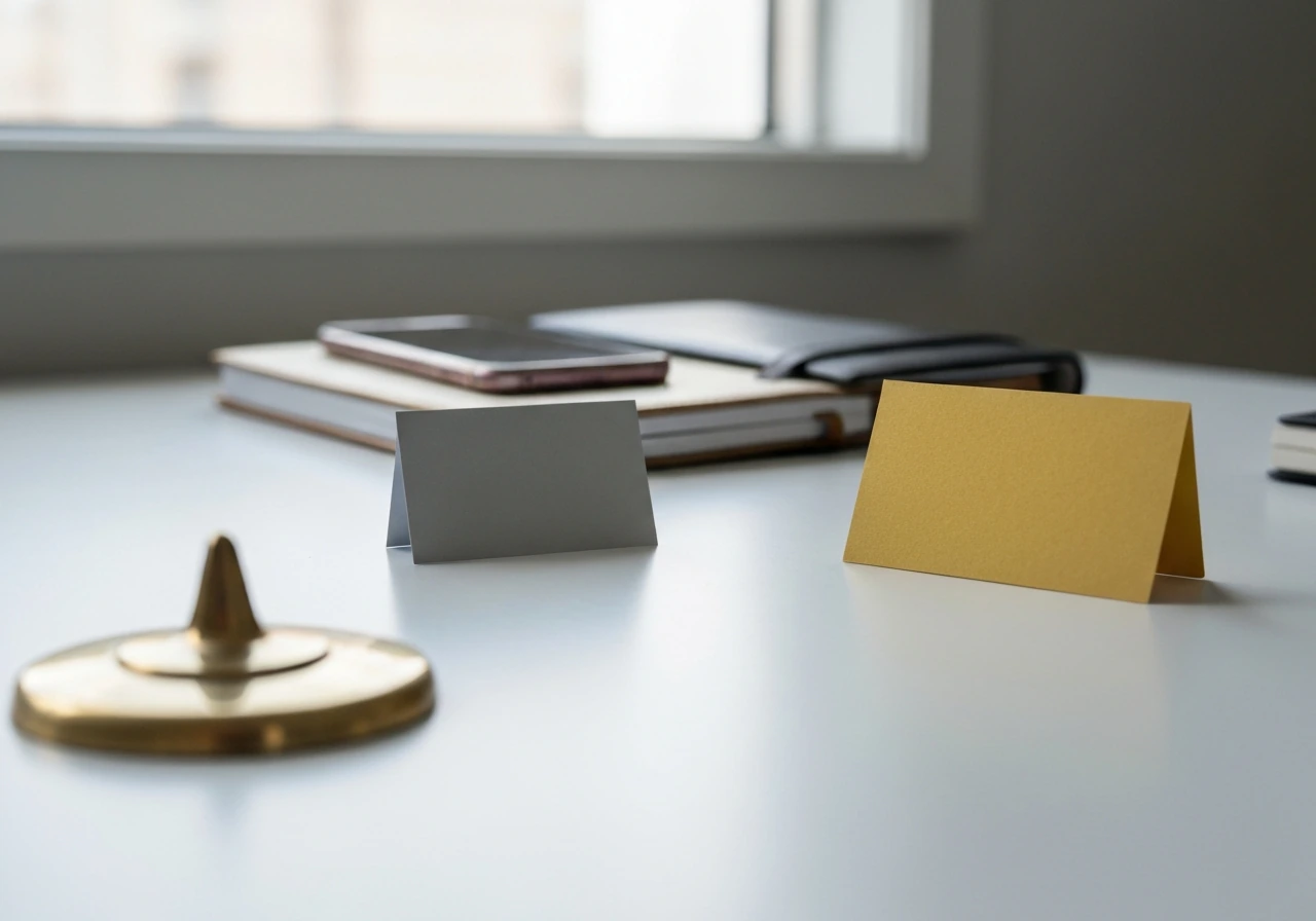 Two contrasting blank money-assumption cards on a desk symbolize differing net worth estimates.