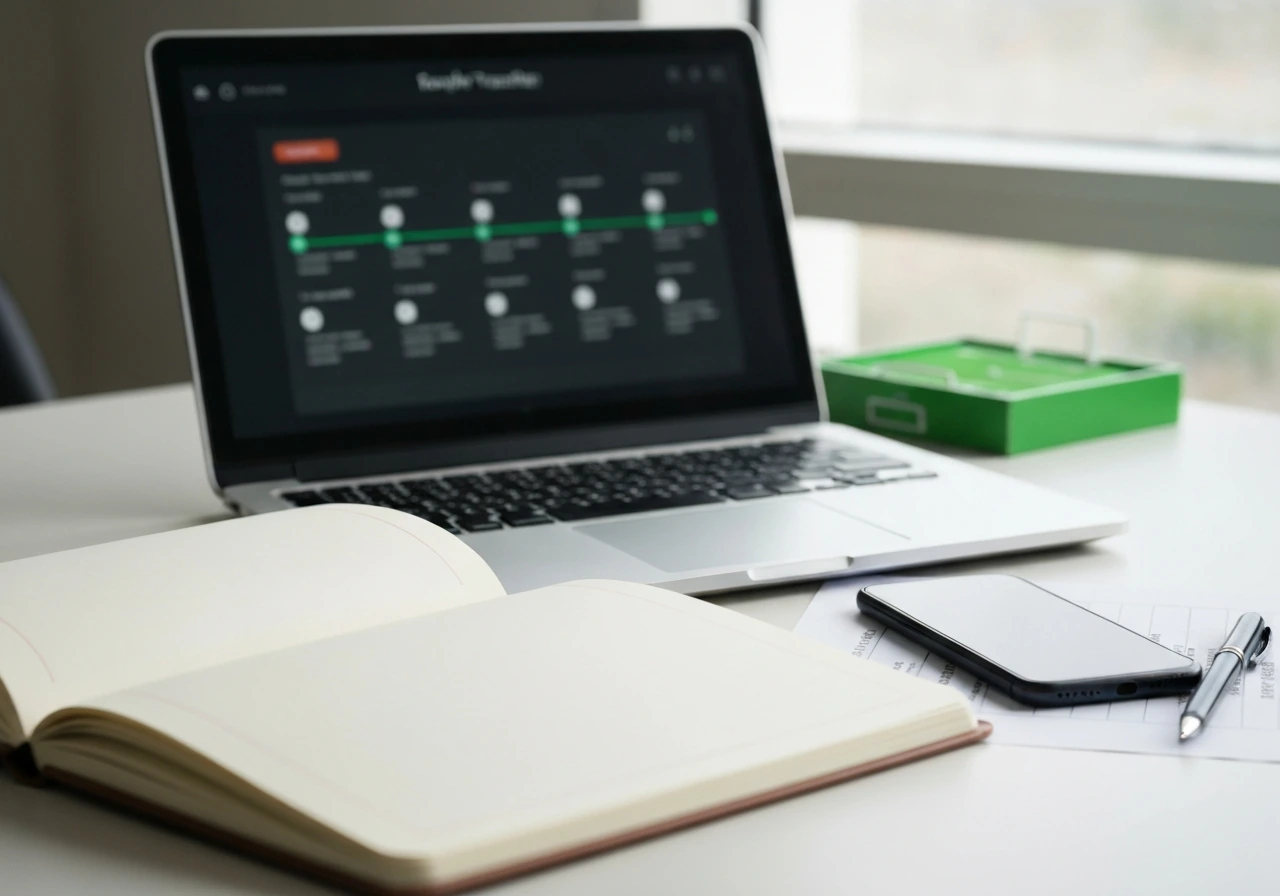Minimal desk scene with a laptop and blurred finance/transfer research materials for verifying estimates