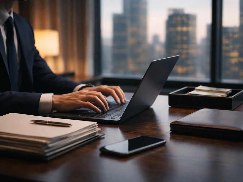 Minimal finance office scene with a laptop, documents, and a subtle money-themed background blur