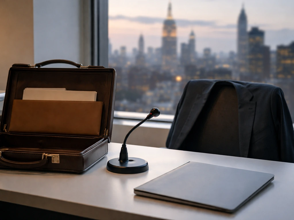 Minimal office scene with a muted suit, briefcase, and city skyline through window to signal finance leadership.