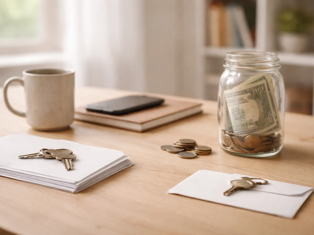 Minimal desk scene with cash jar, coins, keys, and envelopes symbolizing assets minus liabilities with uncertainty.