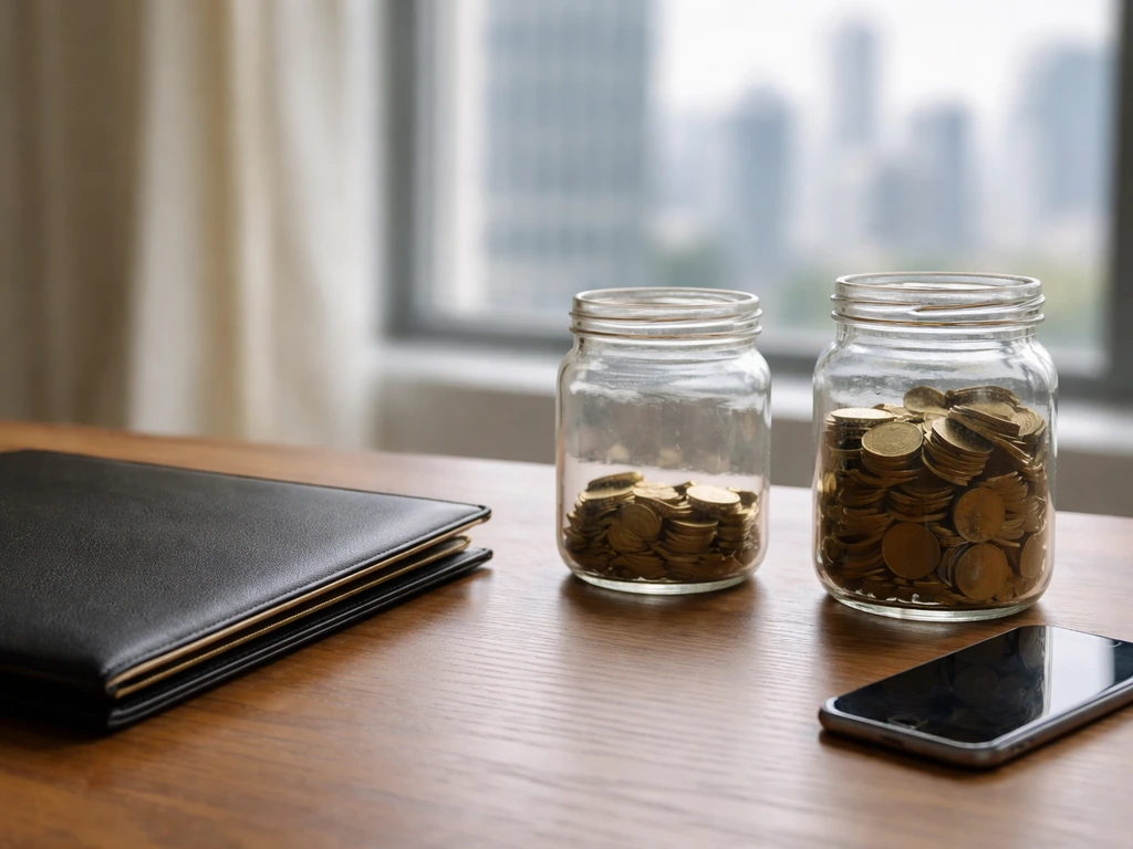 Minimal office desk scene with two coin jars indicating equity value rising or falling.