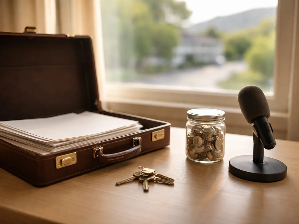 Desk scene with open briefcase, blank papers, coins, and keys symbolizing asset categories and wealth analysis.