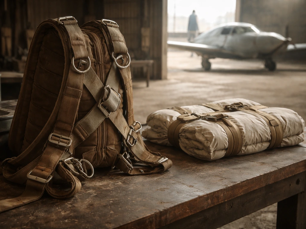 Parachute gear on a hangar workbench with a vintage airplane softly visible outside.