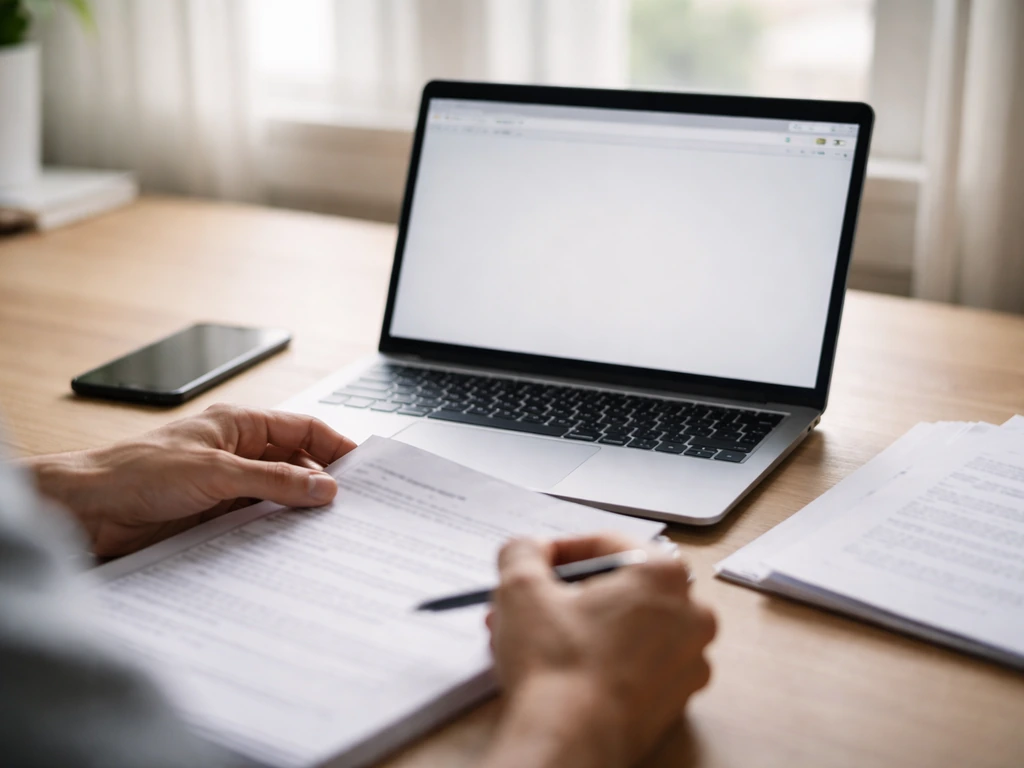 Person at a desk using a laptop to review public business records for updating an estimate