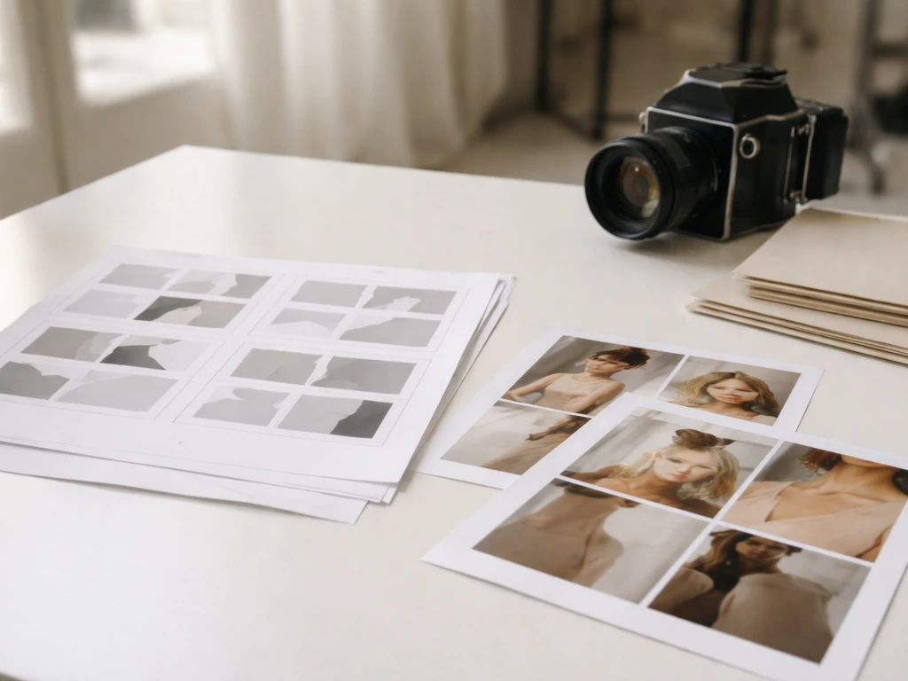 Minimal fashion advertising studio scene with a storyboard and camera gear on a desk, no text