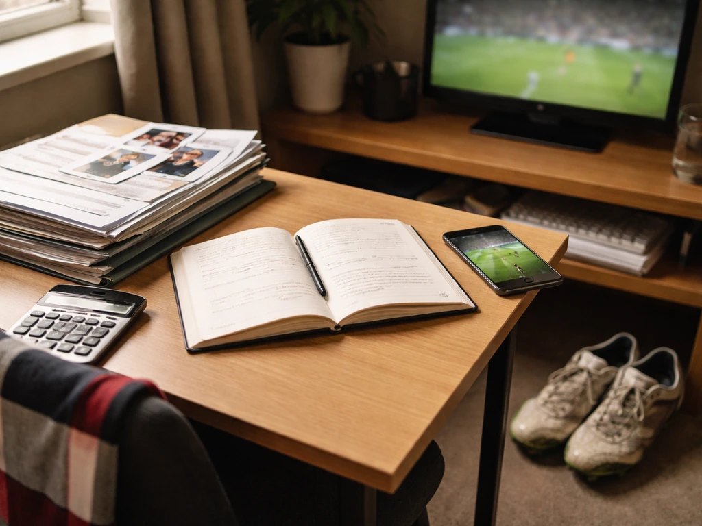Minimal office scene with sports memorabilia and a blurred soccer broadcast screen suggesting multiple players share the