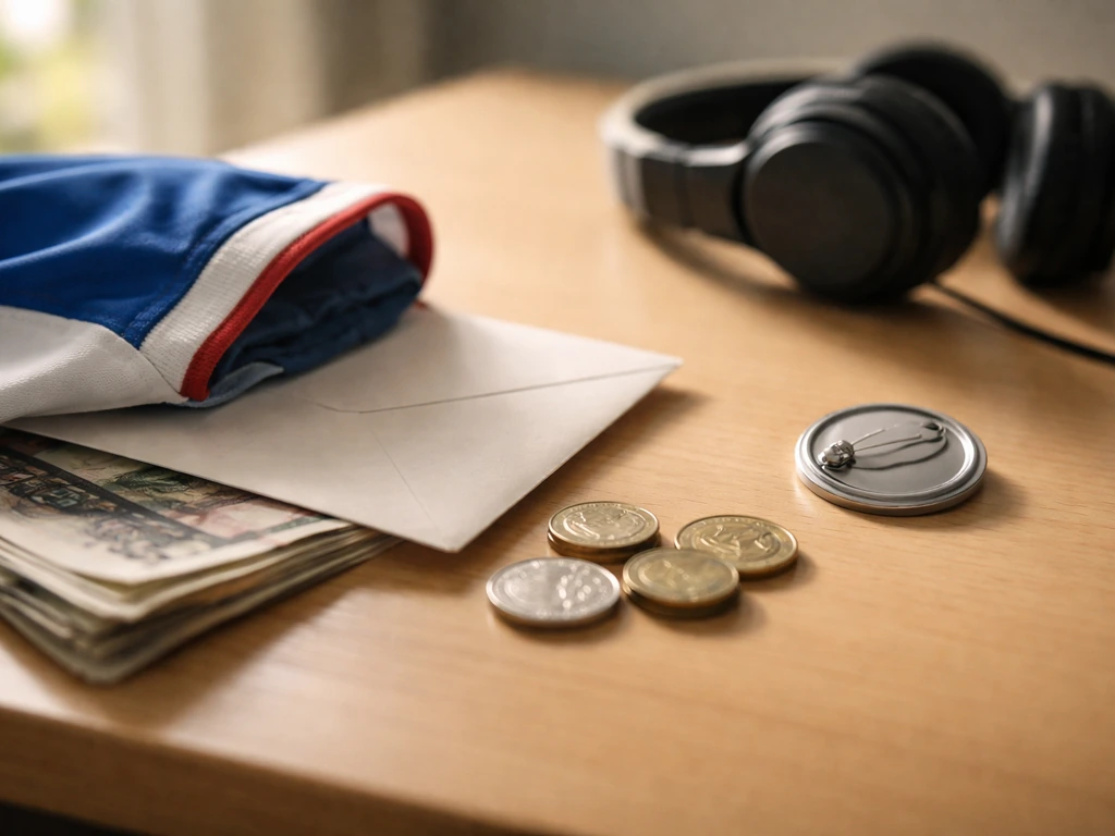 Envelope, coins, cash, and a generic badge pin on a desk, symbolizing wages and endorsements.