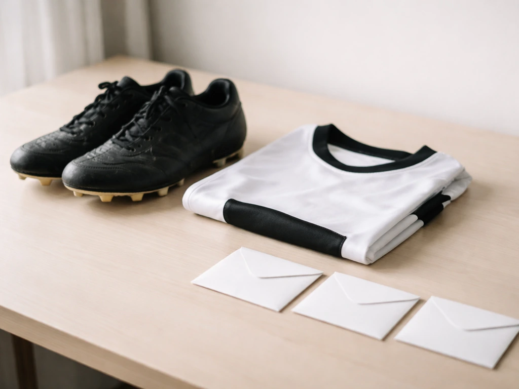 Football boots and jersey on a desk next to three plain envelopes symbolizing sponsorship stages.