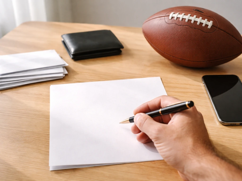 Minimal desk scene with a football, wallet, and blank paper suggesting assets minus liabilities.