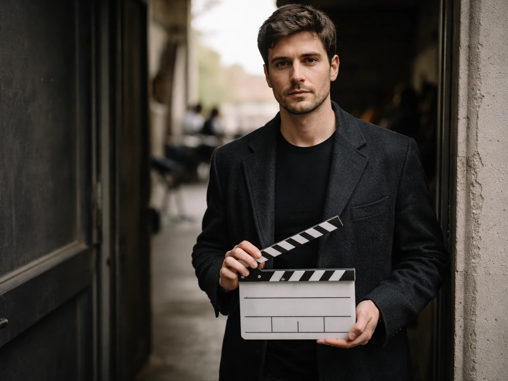 Anonymous man on a quiet film set holding a clapperboard near a studio doorway