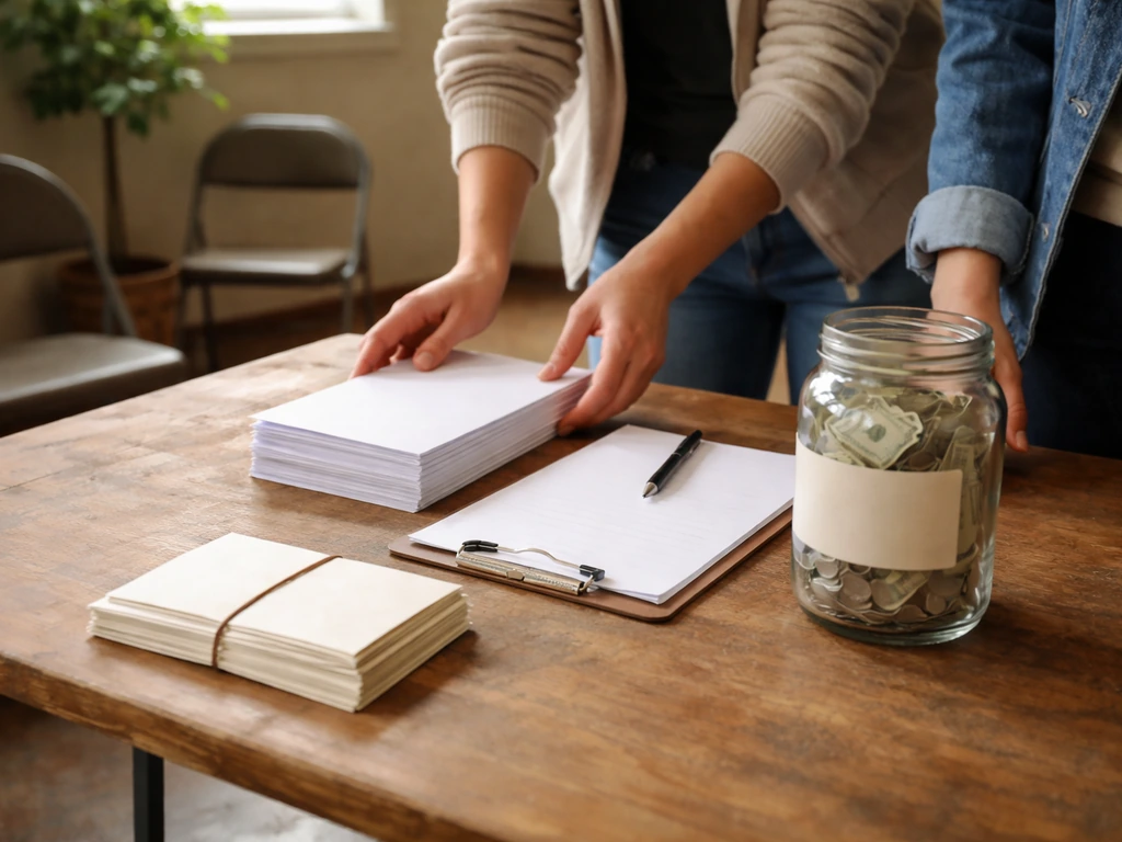 Volunteers prepare a community donation table with nonprofit flyers and a clipboard at a small event