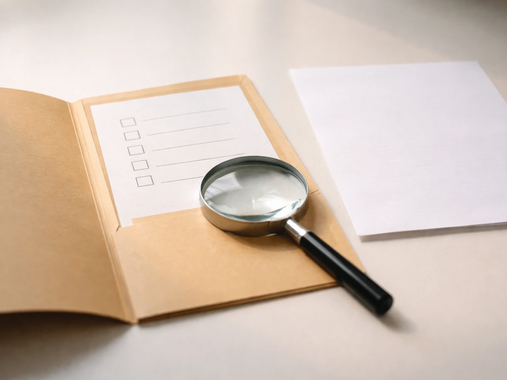 Minimal desk scene with an empty checklist folder and a magnifying glass indicating missing public disclosures.