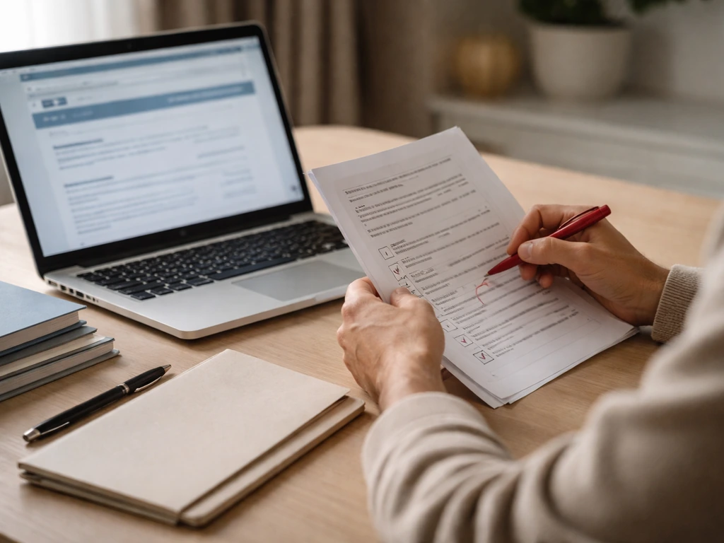Hands reviewing printed checklist and annual reports beside a laptop in a minimal home office.