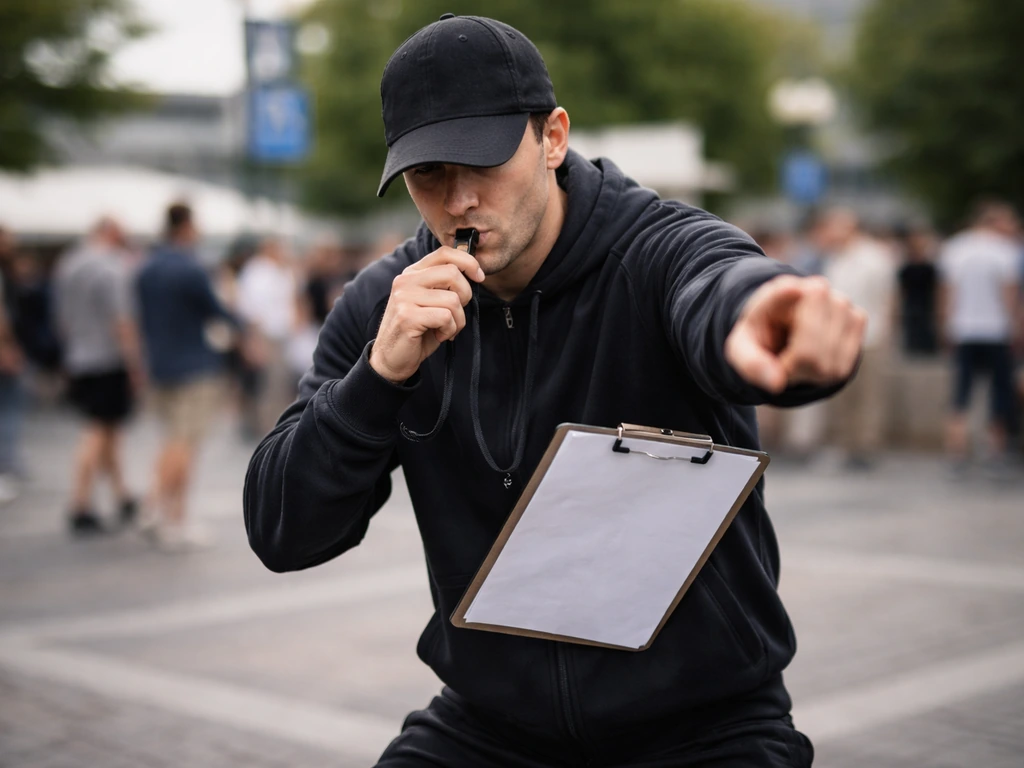 Anonymous prankster in athlete disguise mid-prank at an outdoor event with blurred background crowd.