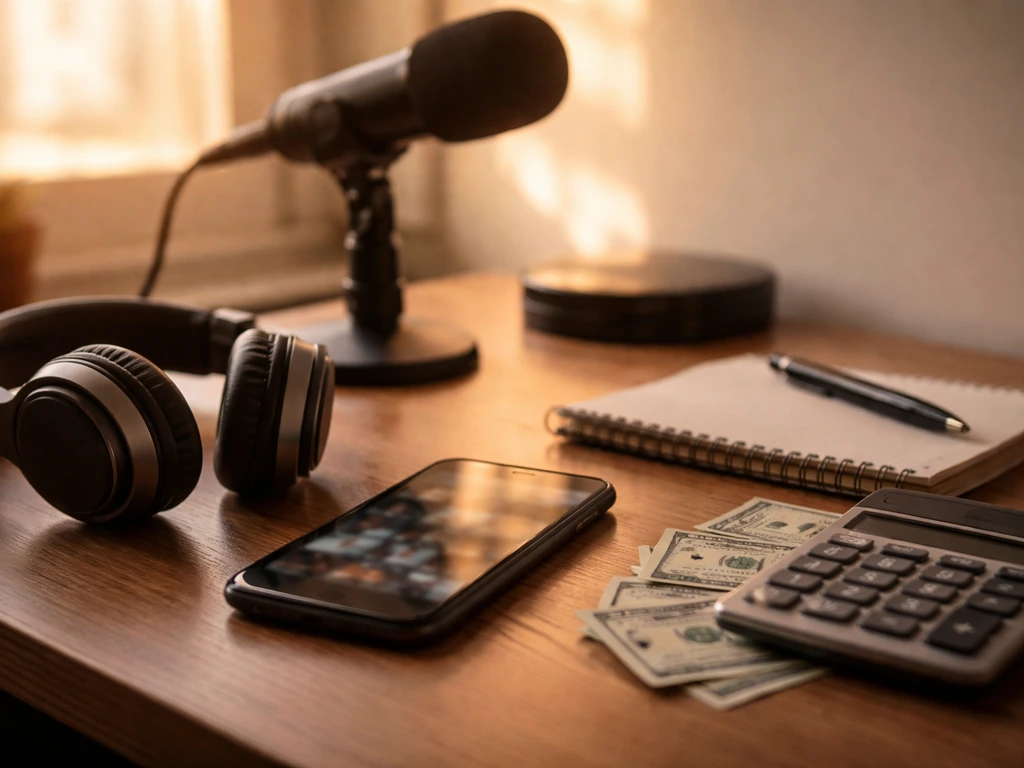 Minimal office desk with smartphone, microphone, blurred video thumbnails, calculator, and cash to suggest media-based n