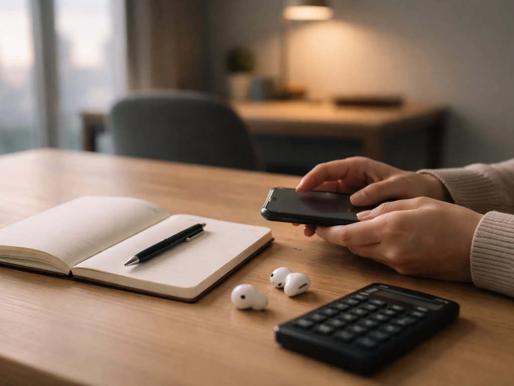 Anonymous hands on a desk with a phone, blank notebook, and calculator for verifying a media estimate.