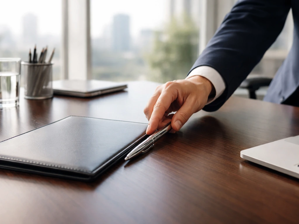 Anonymous business office desk scene symbolizing high-level French dairy company leadership and wealth.