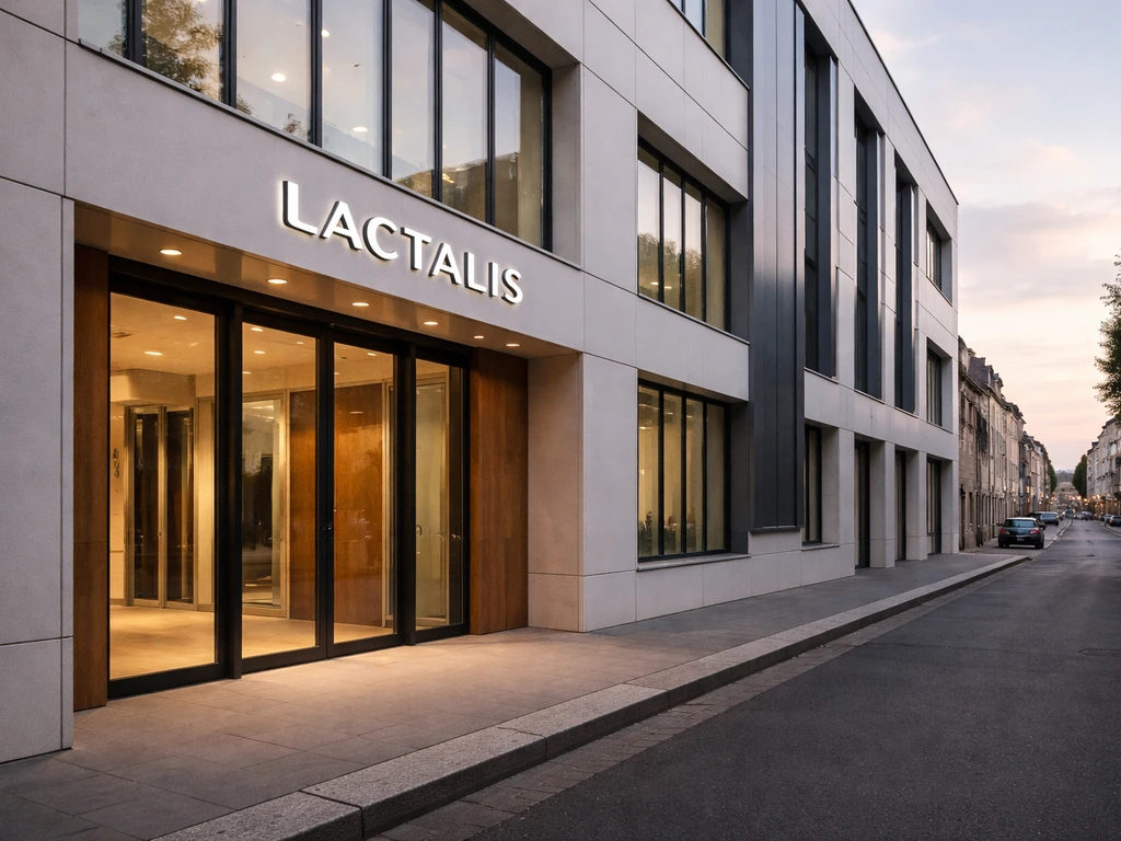 Lactalis company building exterior with clean signage in Laval, France, evening light