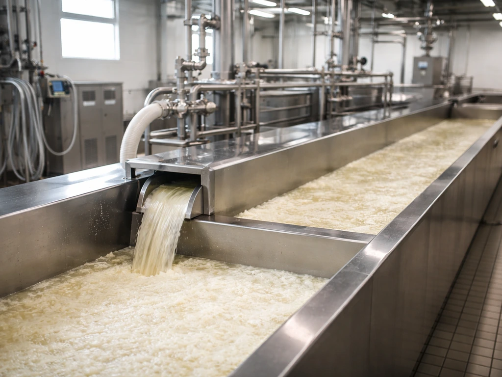 Cheese and dairy processing facility with stainless equipment and vats, suggesting large-scale business operations.