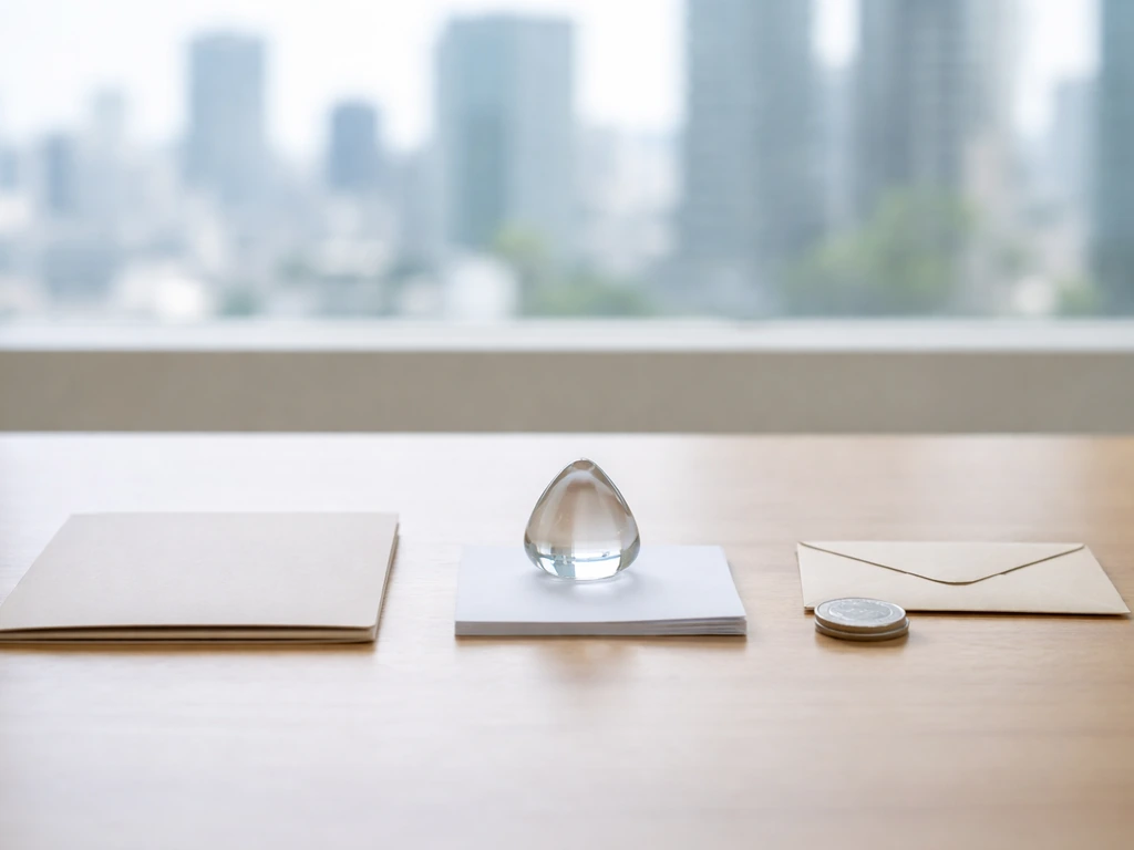 Three valuation approach symbols on a simple desk setup: revenue, cash flow, and transaction-style objects, no text.
