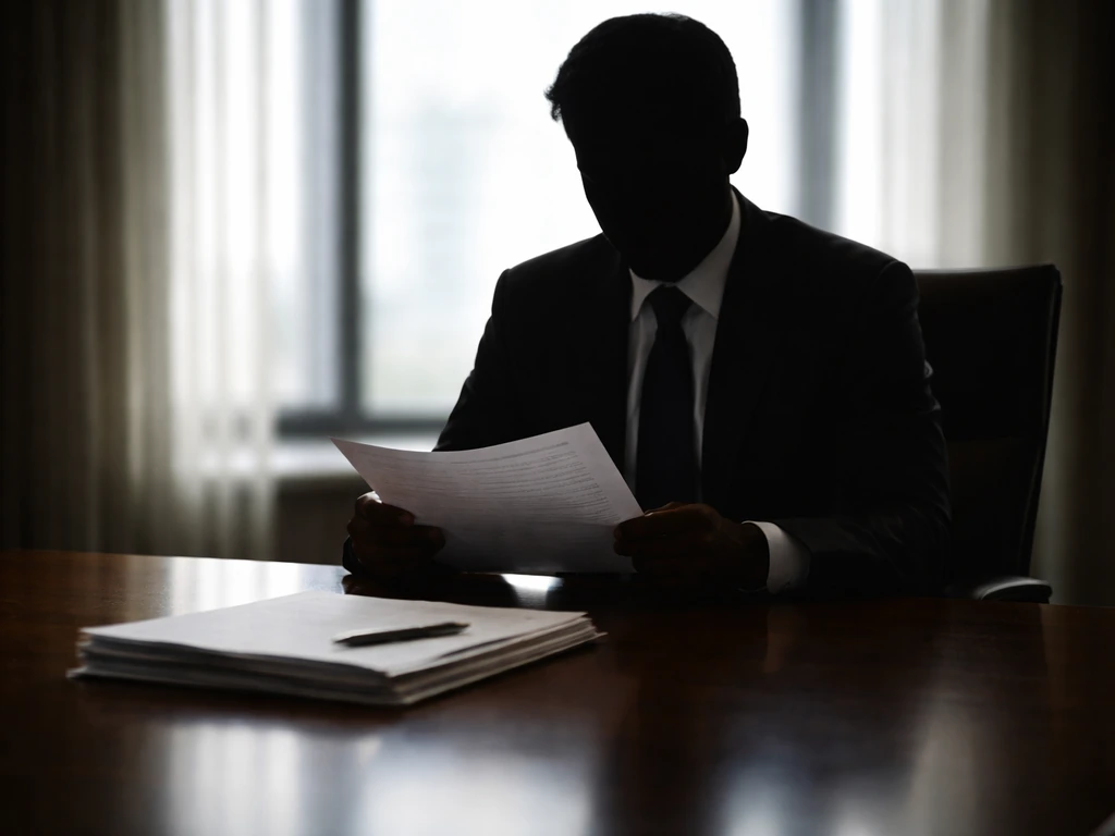 Anonymous business executive in a formal meeting room, reviewing financial documents near a window