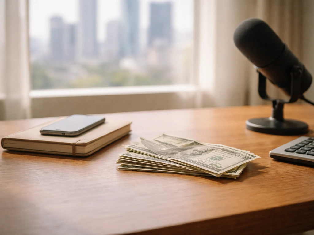 Minimal photo of a tidy desk with a smartphone, cash, and a blurred city skyline suggesting a May 2026 net worth range.