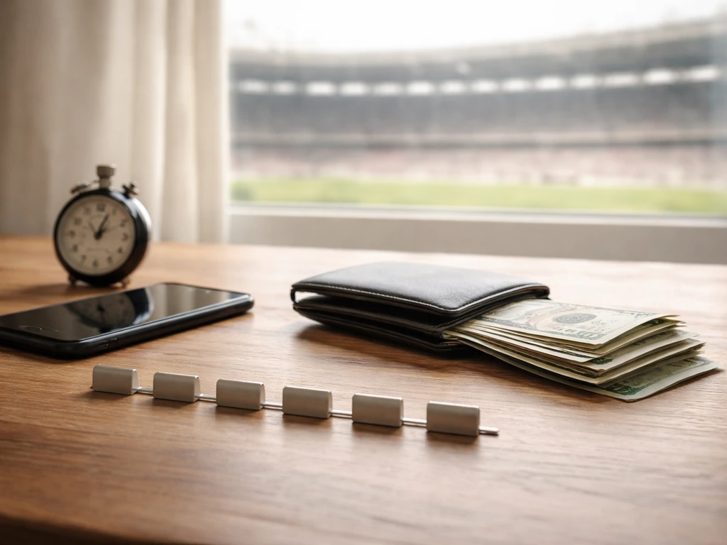 Minimal desk scene with a stopwatch, scattered cash, and a phone showing a blank timeline to suggest football salaries.