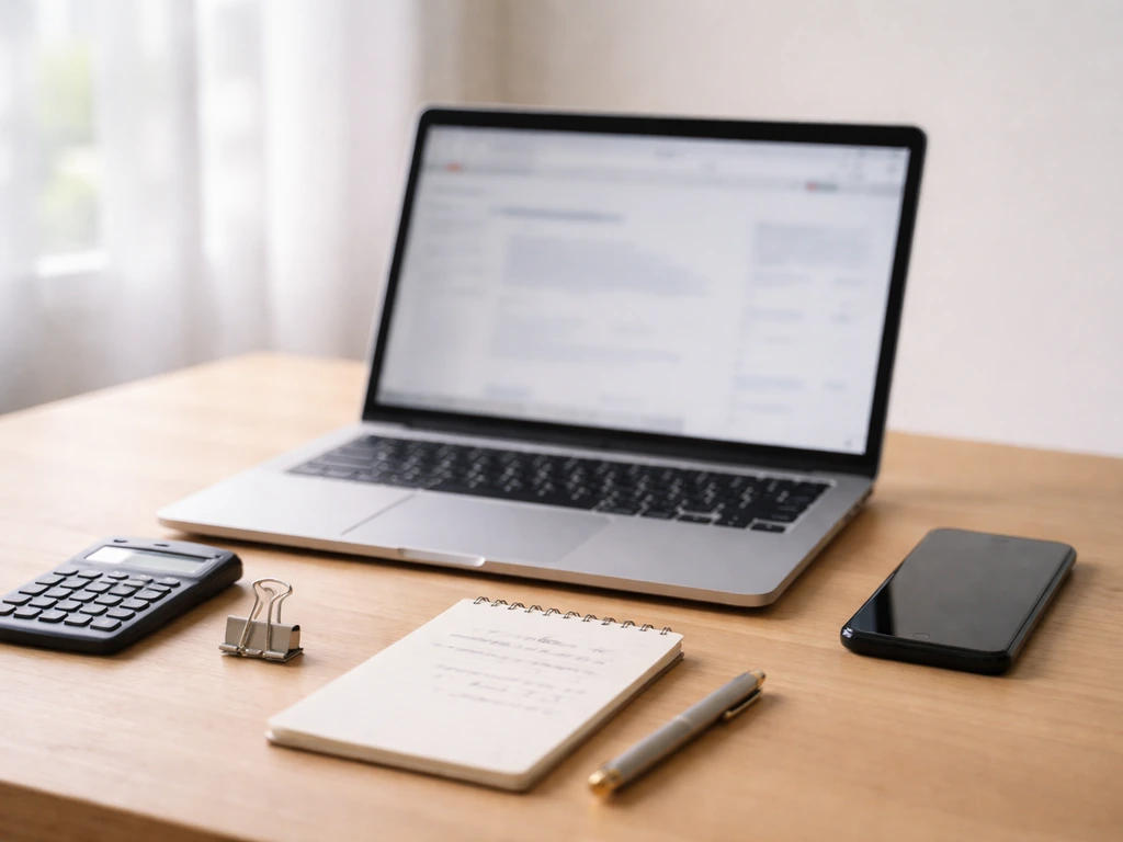Minimal desk with laptop, smartphone, calculator, and blurred finance page for contract verification.