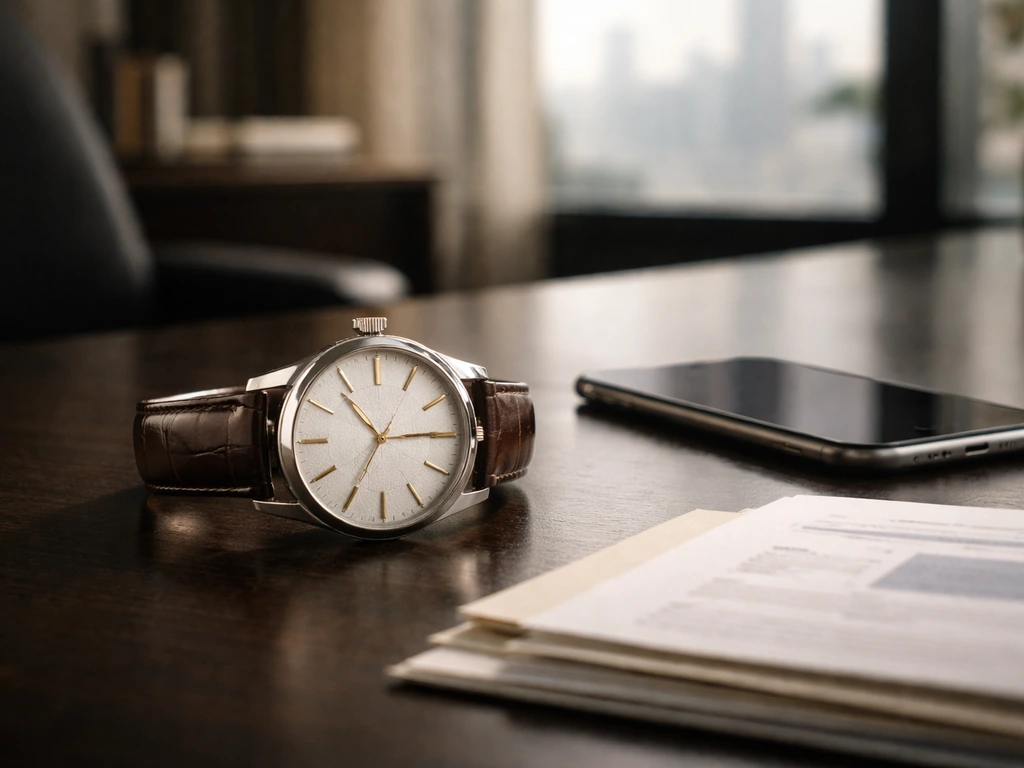 Luxury watch on dark desk beside a smartphone and business documents, symbolizing verified net worth estimates.