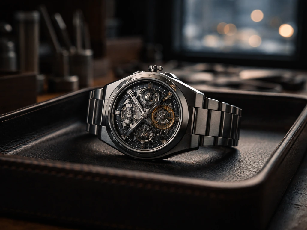 Luxury watch detail in a dim studio setting, symbolizing French watchmaking and business identity.