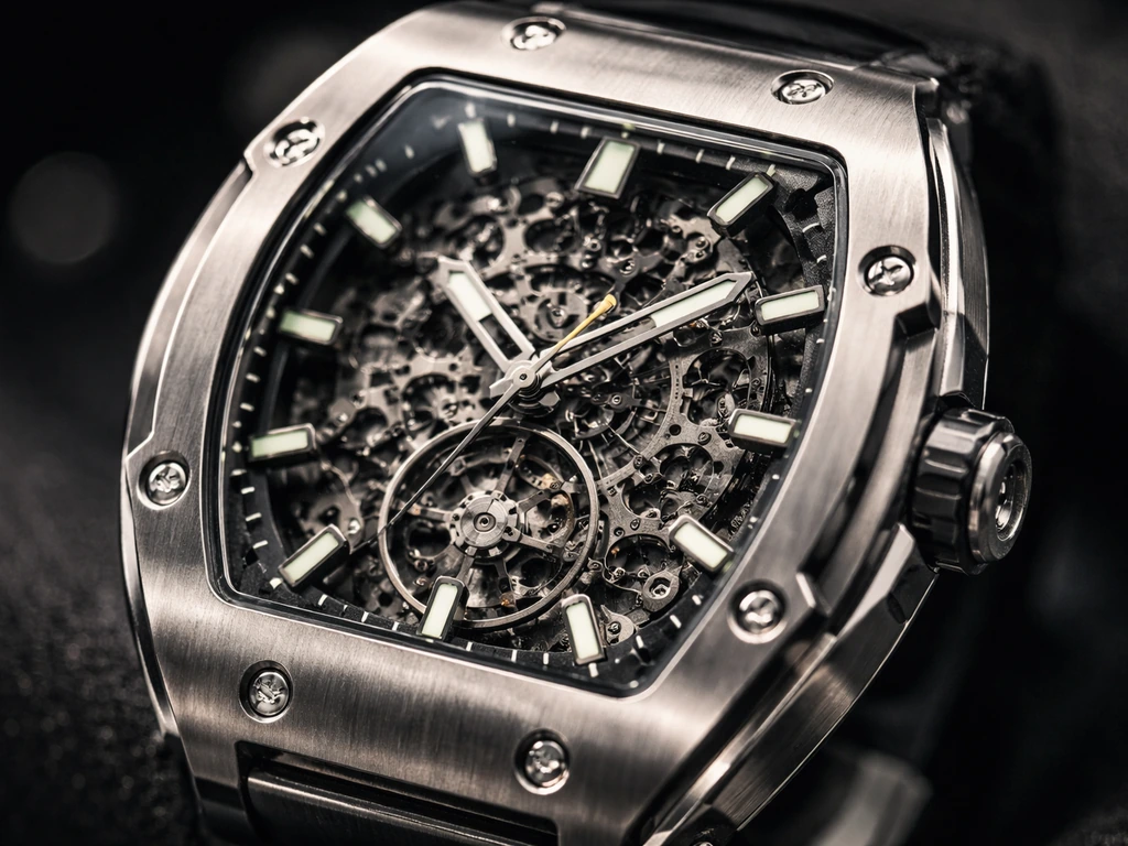 Close-up of an ultra-luxury luxury watch with visible fine titanium and carbon finishing in soft light