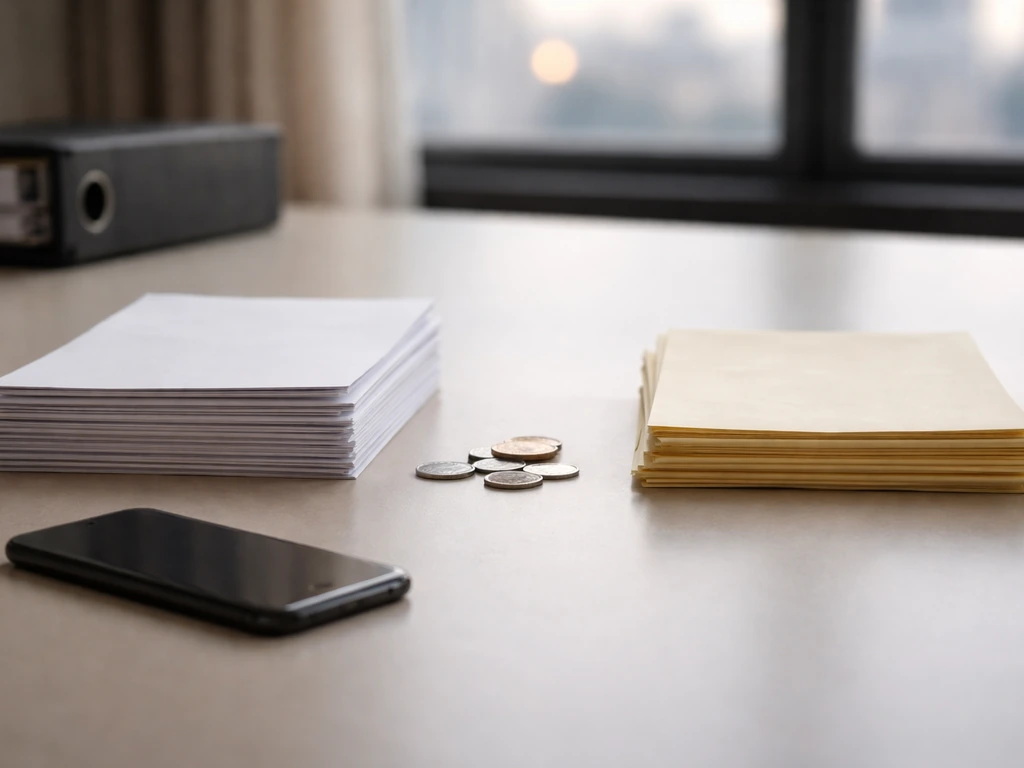 Minimal office desk scene with multiple unlabeled documents and coins suggesting conflicting net-worth estimates.