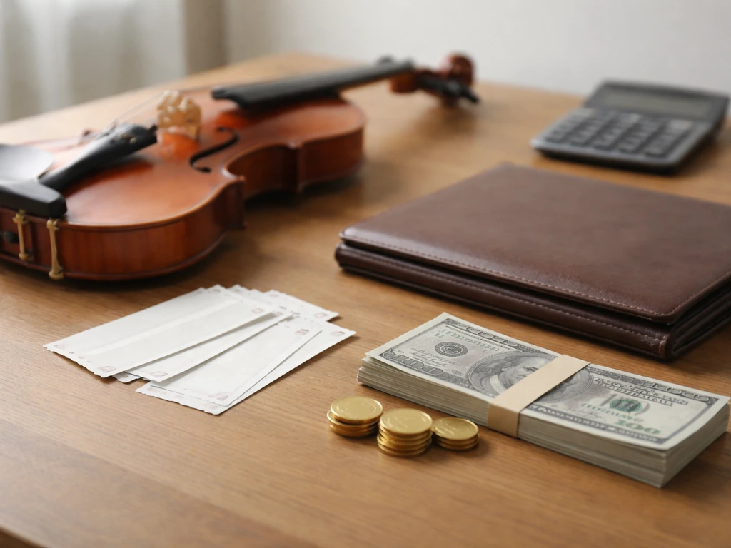 Classical violin on a desk with a calculator, coins, and cash—symbolizing a wide net worth range.