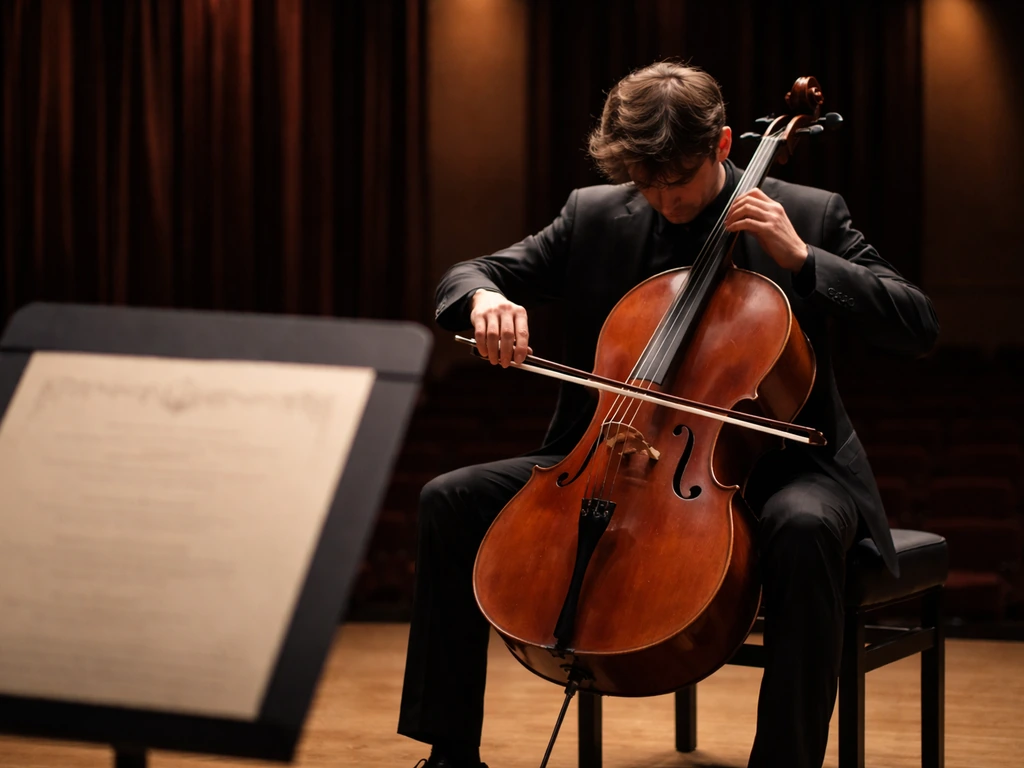 Anonymous classical cellist performing on a concert stage with a subtle program and concert hall backdrop.