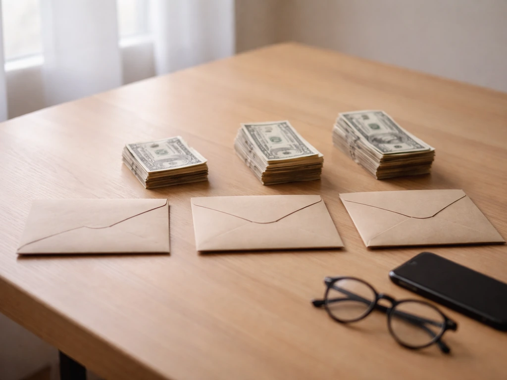 Minimal desk scene with three separated envelopes showing differing money estimates