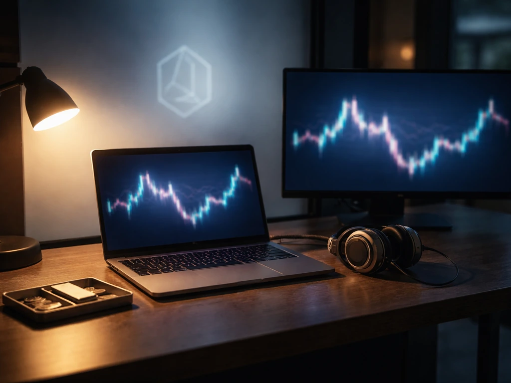 Crypto trading workstation with market-making cues and blurred screens, suggesting net worth research.