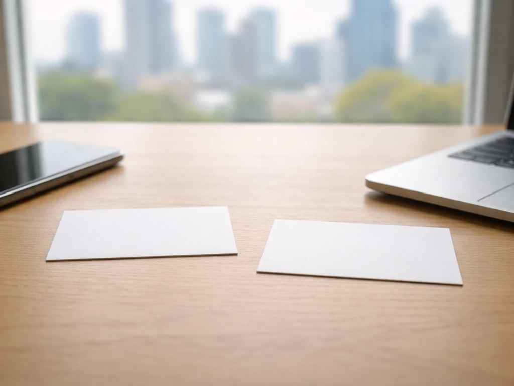 Minimal business scene suggesting identity disambiguation: two blurred business cards and a computer monitor with city v