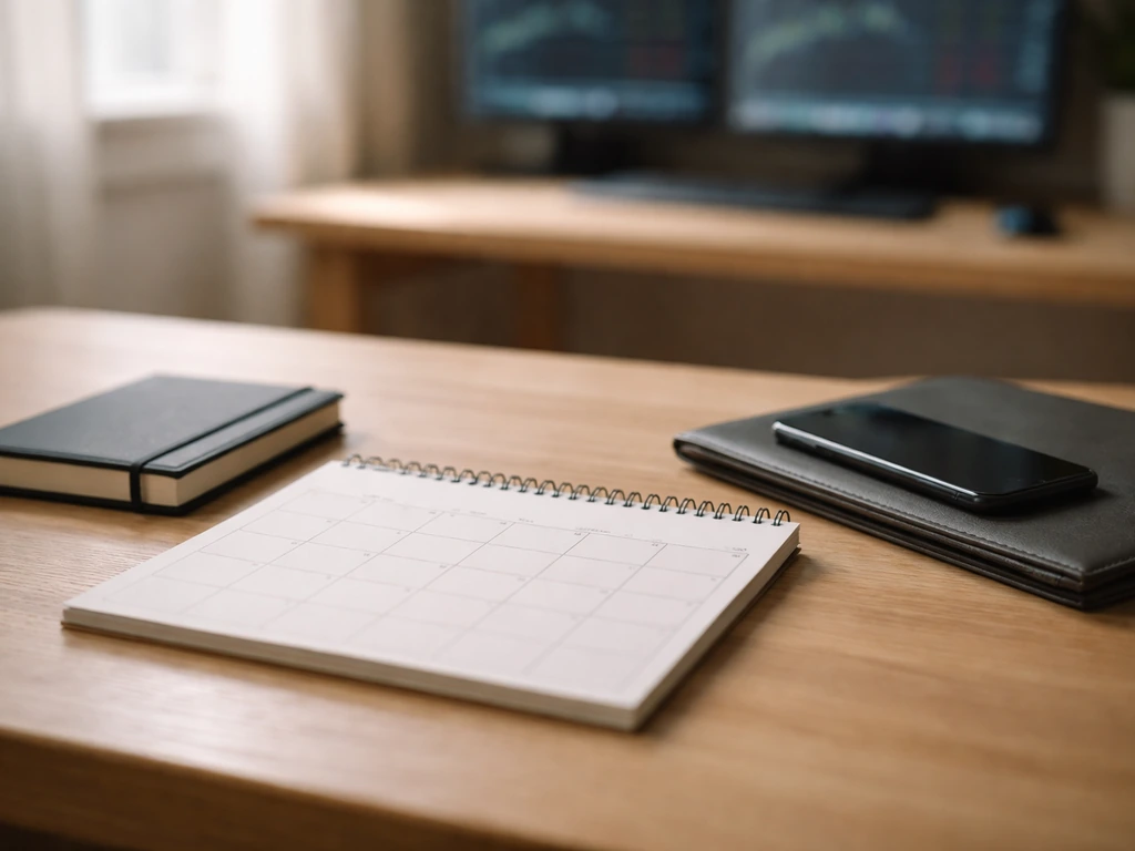 Minimal photo of a desk with a calendar page and brokerage-style trading screens blurred in the background