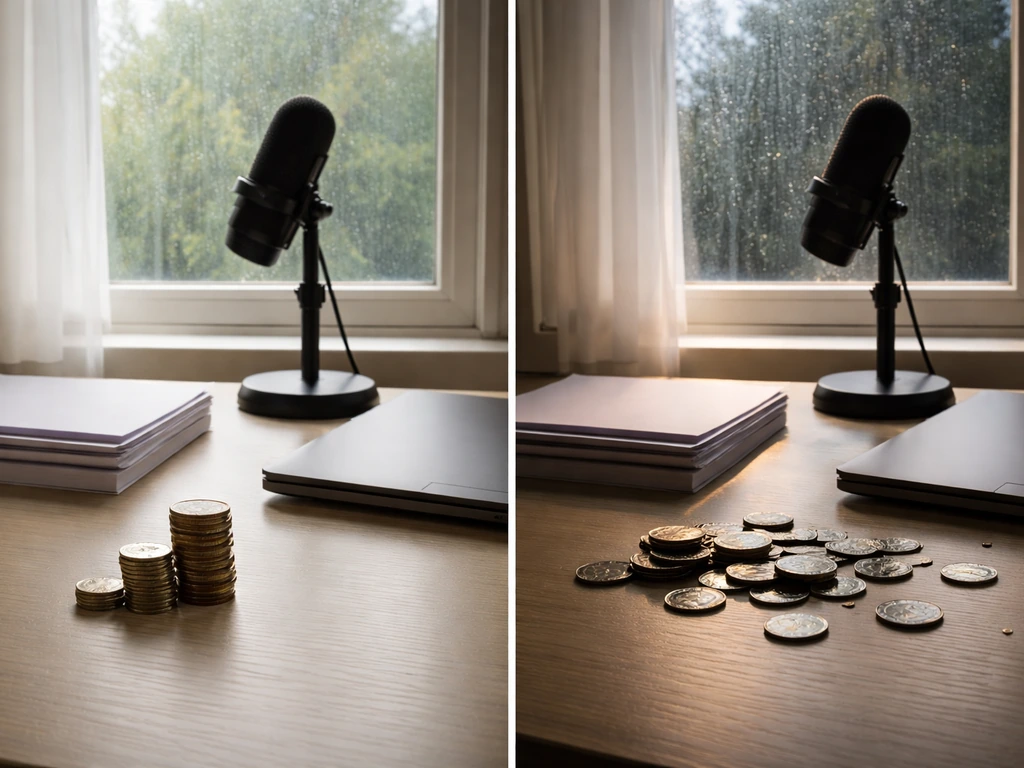 Minimal business desk split by mood: coins and papers suggest upward vs downward scenario changes for 2025–2026.
