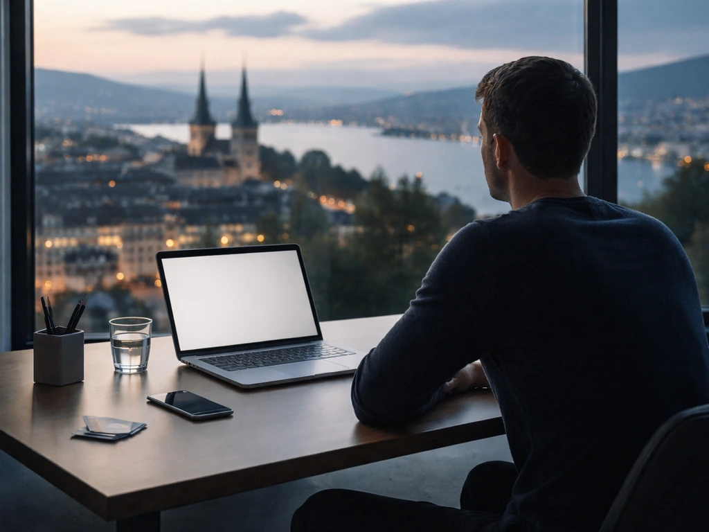 Anonymous fintech entrepreneur working at a tidy desk with laptop, credit cards, and a city view at dusk.