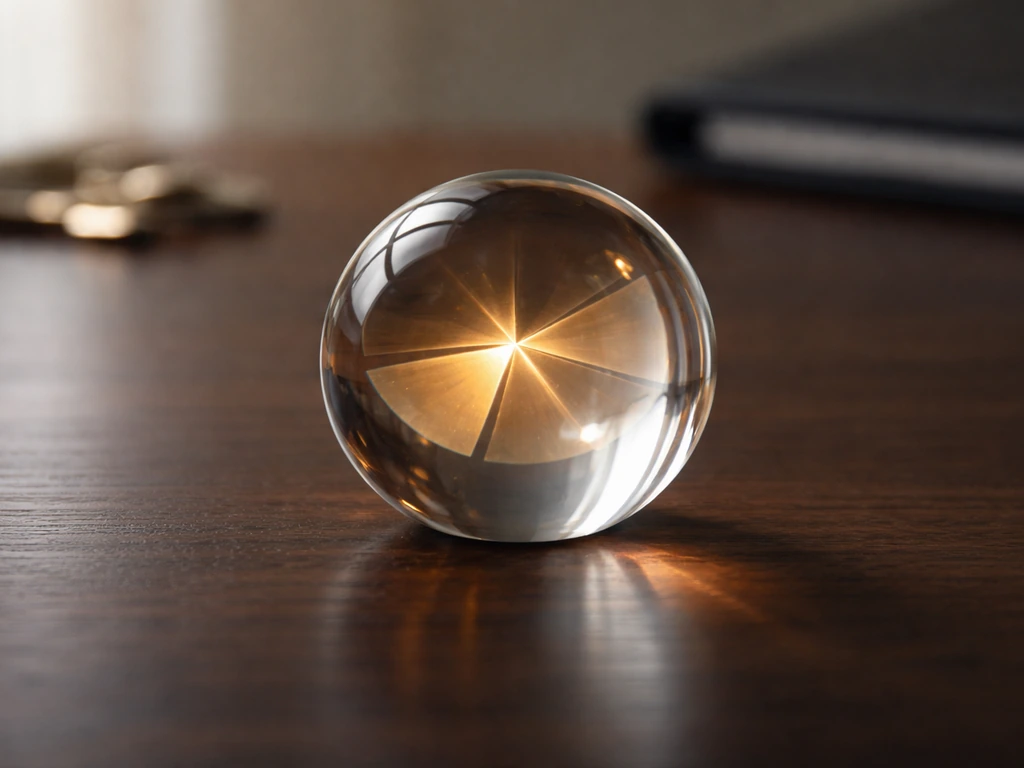 Minimal photo showing a clear glass sphere on a desk with a blurred share-certificate motif in the background