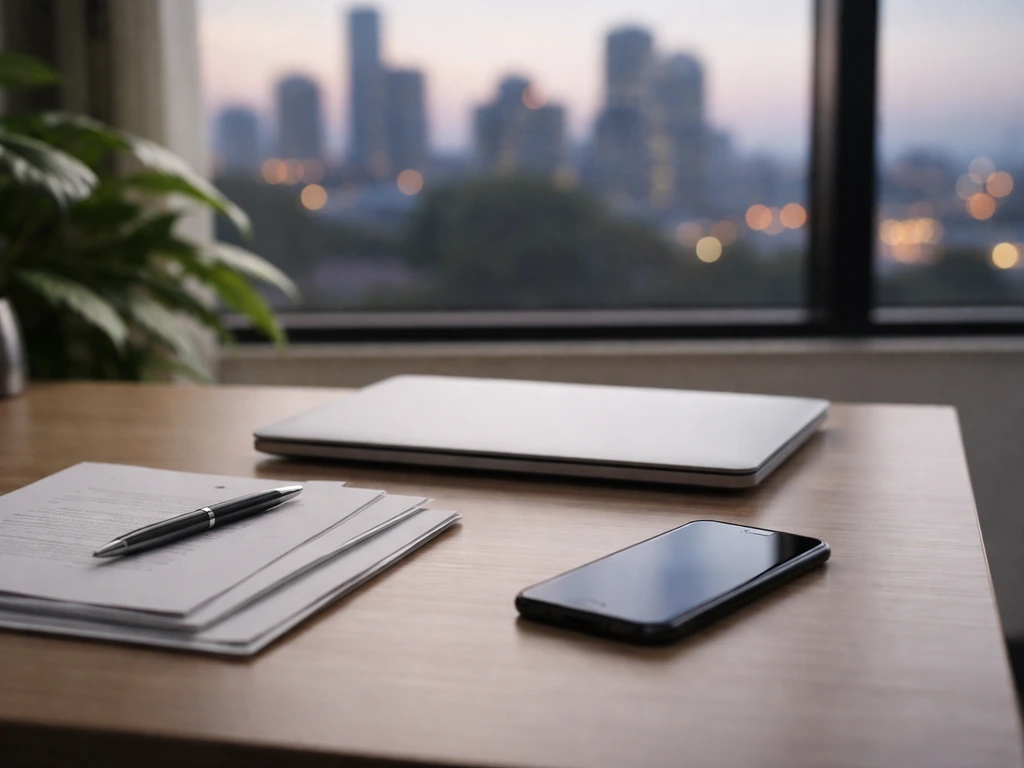 Minimal office scene with a closed laptop, scattered documents, and a blurred city skyline at dusk