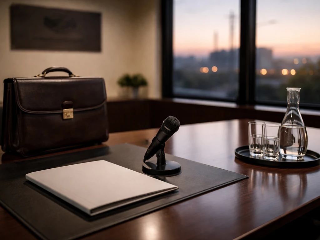 Minimal executive desk in a Michelin facility setting with professional interview gear and golden window light.