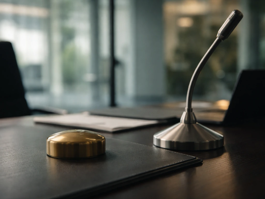 Close-up of a corporate desk with business microphone base and glass office backdrop, symbolizing Michelin leadership.