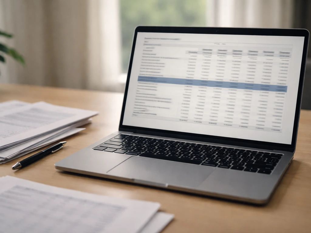 Office desk with a laptop displaying a blurred executive remuneration table layout from a report