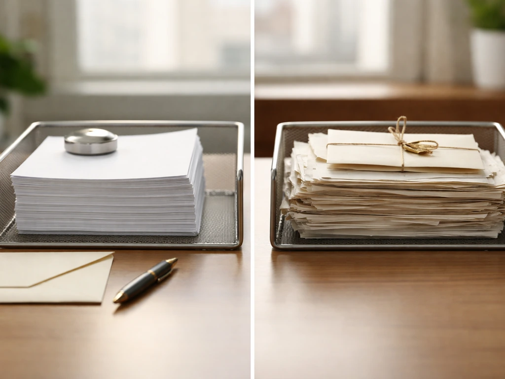 Split closeup of two blank paper stacks on a minimal desk, suggesting fixed vs performance-linked pay.
