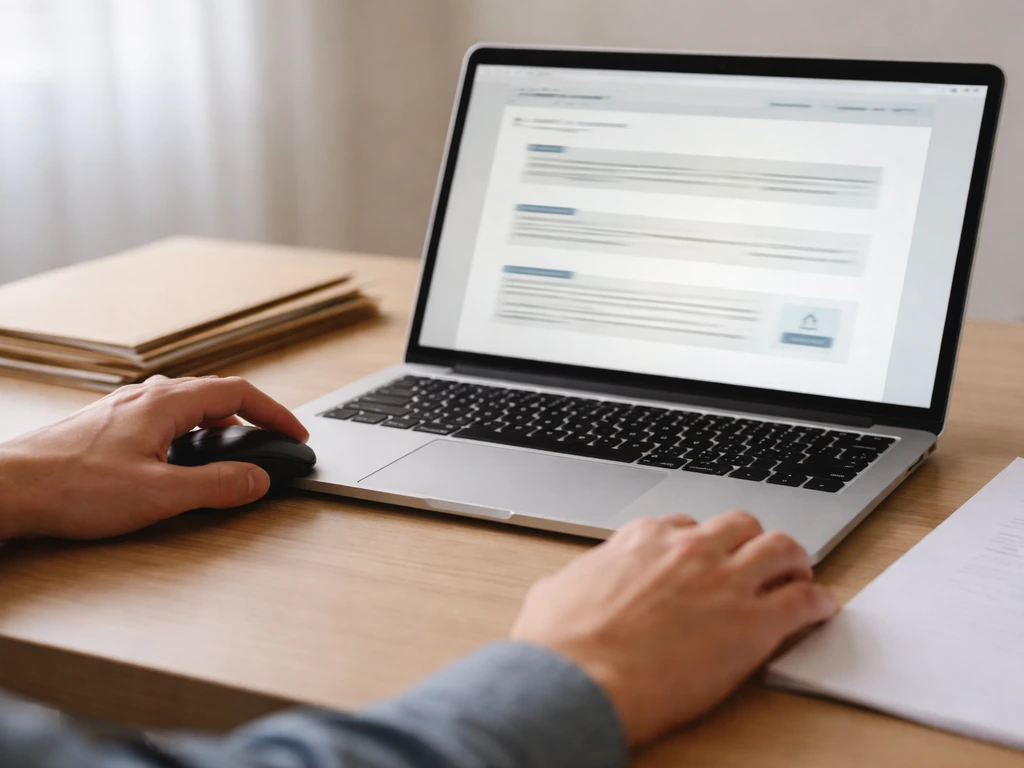Hands using a laptop to download a regulatory PDF, with finance folders in a tidy desk setup
