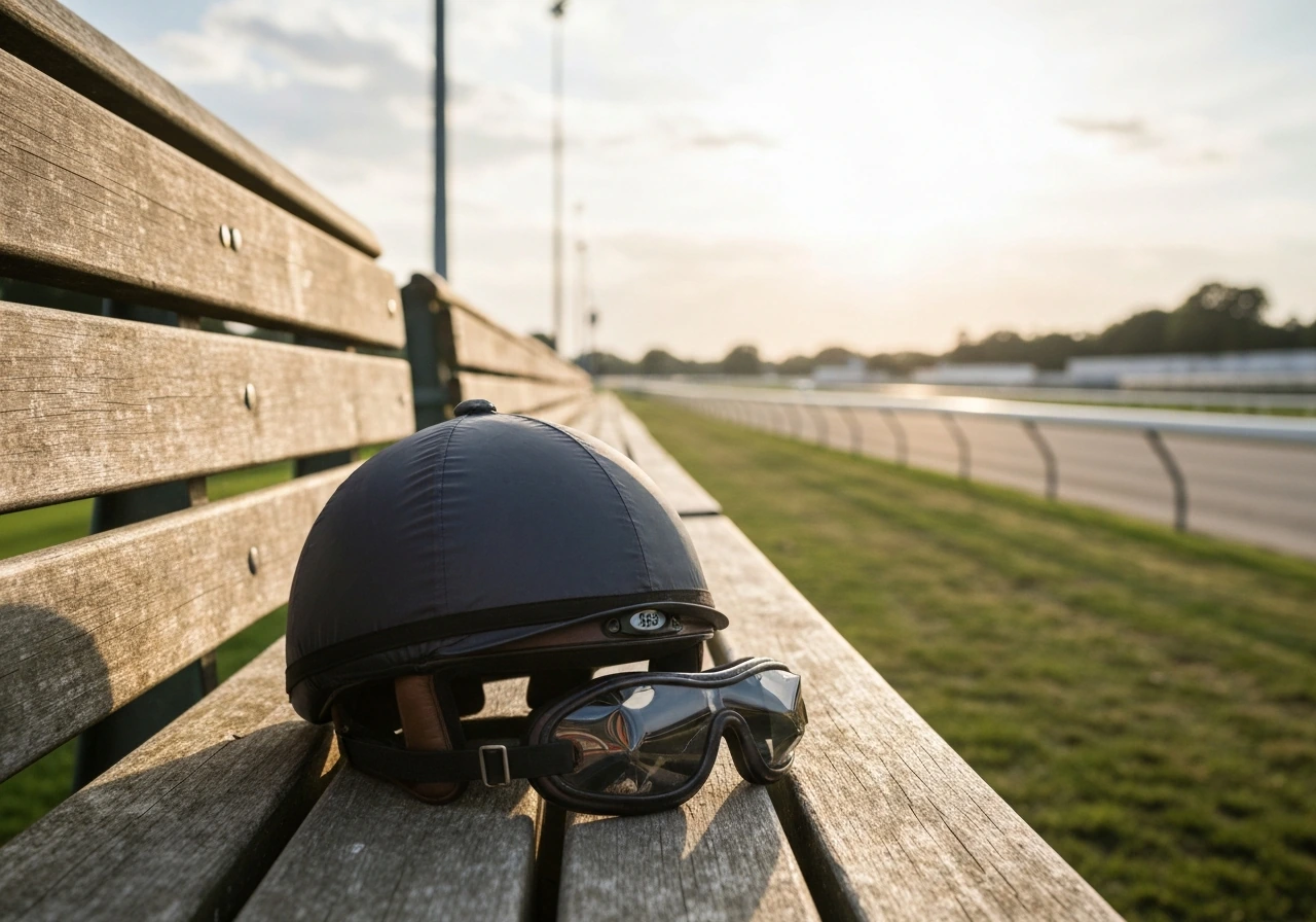 Helmet and goggles on a bench at a quiet racetrack with sunlit, blurred track lanes in the distance.