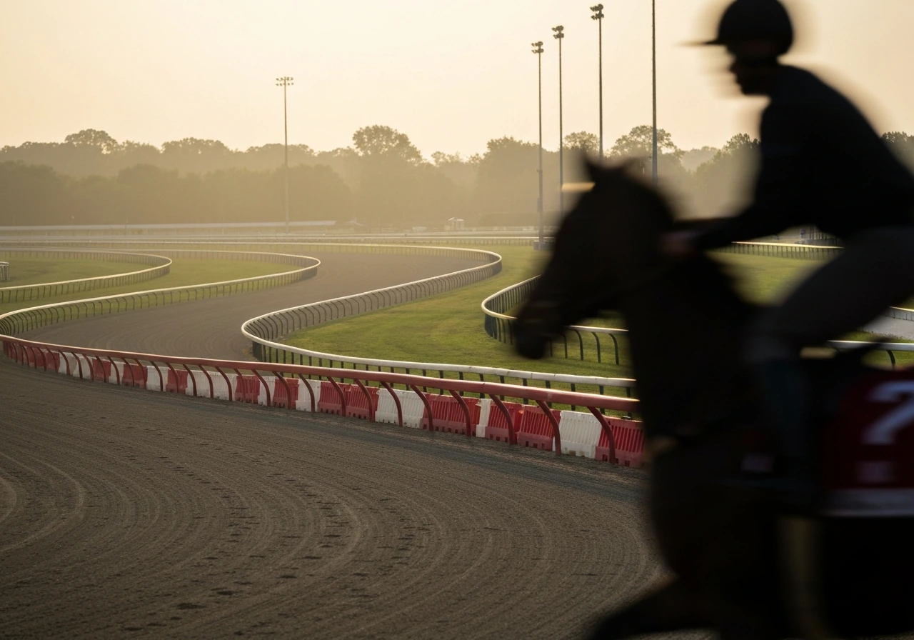 Racing track at golden hour with muted colors, evoking a pro jockey vibe without showing any person
